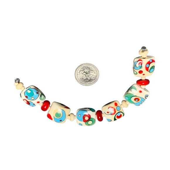 Colorful Lampwork Bead Squares with Red & Blue Dots 13 beads - Picture 1 of 12